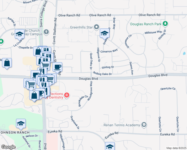 map of restaurants, bars, coffee shops, grocery stores, and more near 4470 Rolling Oaks Drive in Granite Bay