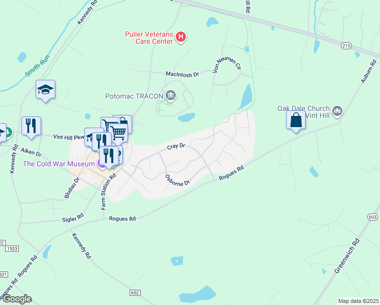 map of restaurants, bars, coffee shops, grocery stores, and more near 4057 Cray Drive in Warrenton