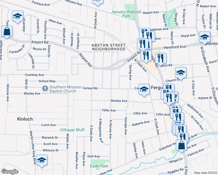 map of restaurants, bars, coffee shops, grocery stores, and more near 17 South Harvey Avenue in Ferguson