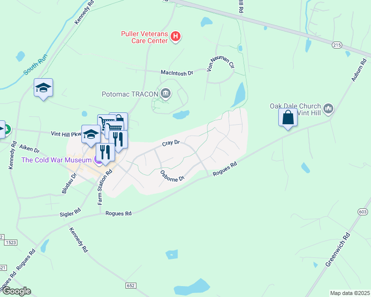 map of restaurants, bars, coffee shops, grocery stores, and more near 4057 Cray Drive in Warrenton