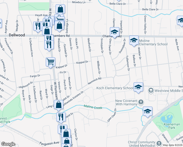 map of restaurants, bars, coffee shops, grocery stores, and more near 9714 Lorna Lane in St. Louis
