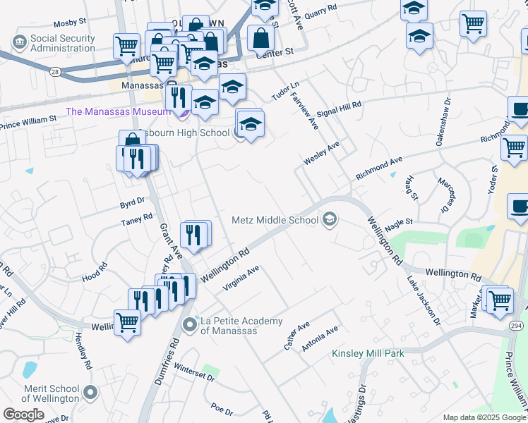 map of restaurants, bars, coffee shops, grocery stores, and more near 9700 Clark Place in Manassas