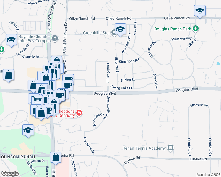 map of restaurants, bars, coffee shops, grocery stores, and more near 4470 Rolling Oaks Drive in Granite Bay