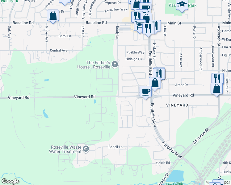 map of restaurants, bars, coffee shops, grocery stores, and more near 1333 Champagne Circle in Roseville