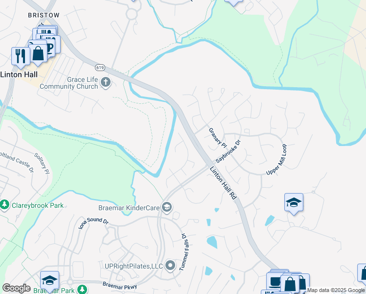 map of restaurants, bars, coffee shops, grocery stores, and more near 9744 Runner Stone Place in Bristow