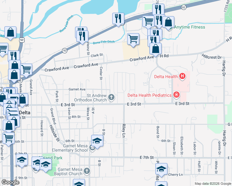 map of restaurants, bars, coffee shops, grocery stores, and more near 1055 East 3rd Street in Delta