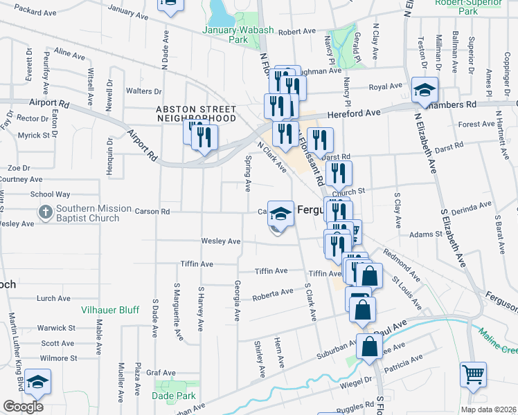 map of restaurants, bars, coffee shops, grocery stores, and more near 312 Emmett Avenue in Ferguson