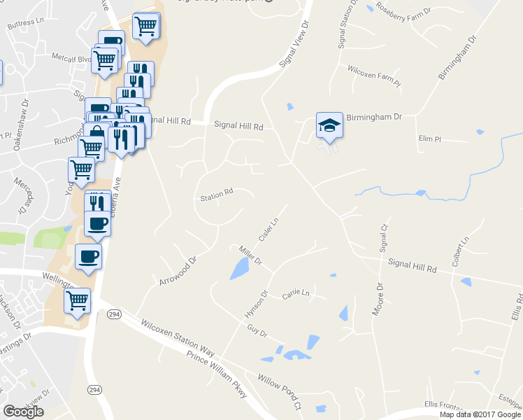 map of restaurants, bars, coffee shops, grocery stores, and more near 9800 Cisler Lane in Manassas
