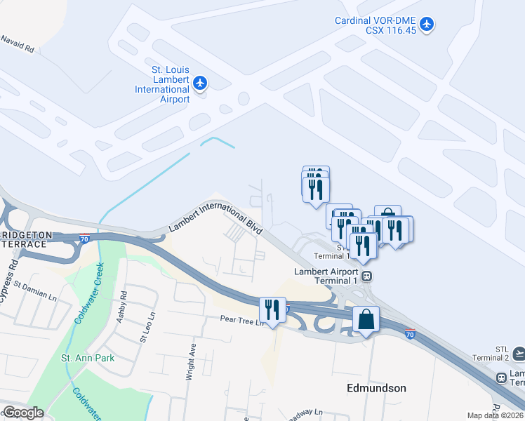 map of restaurants, bars, coffee shops, grocery stores, and more near Lambert-St. Louis International Blvd in St. Louis