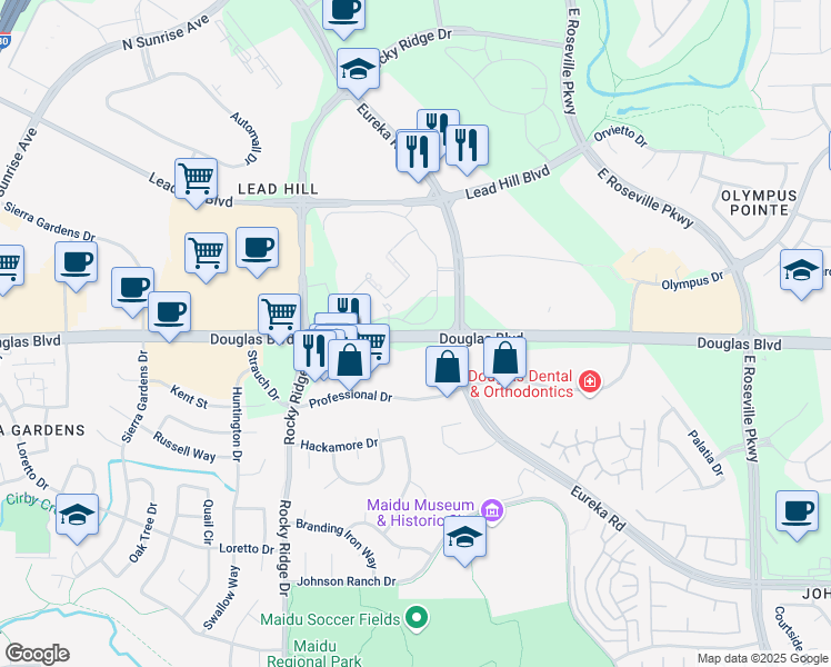 map of restaurants, bars, coffee shops, grocery stores, and more near Douglas Boulevard in Roseville