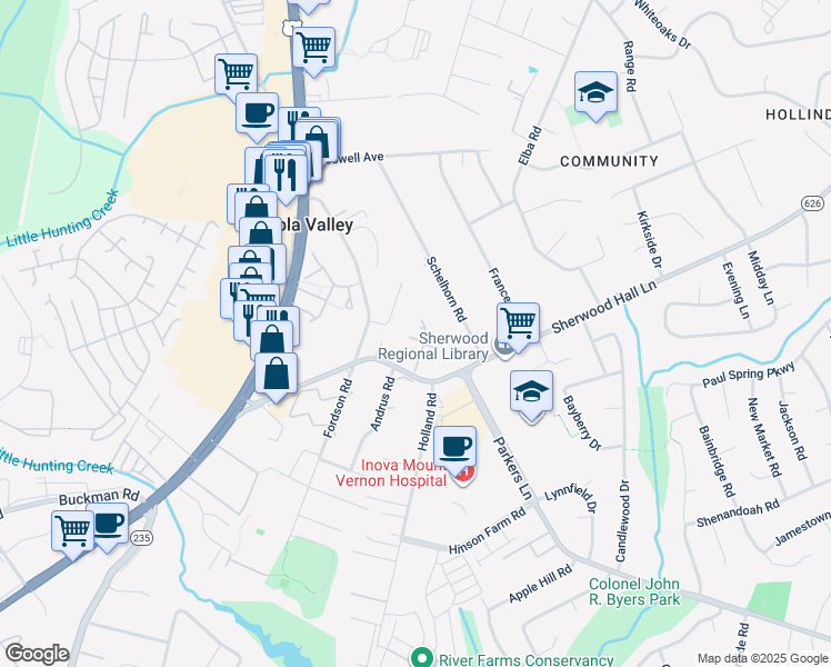 map of restaurants, bars, coffee shops, grocery stores, and more near 2728 Manorhaven Court in Alexandria
