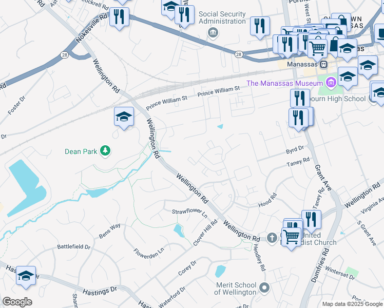 map of restaurants, bars, coffee shops, grocery stores, and more near 9546 Buttonbush Court in Manassas