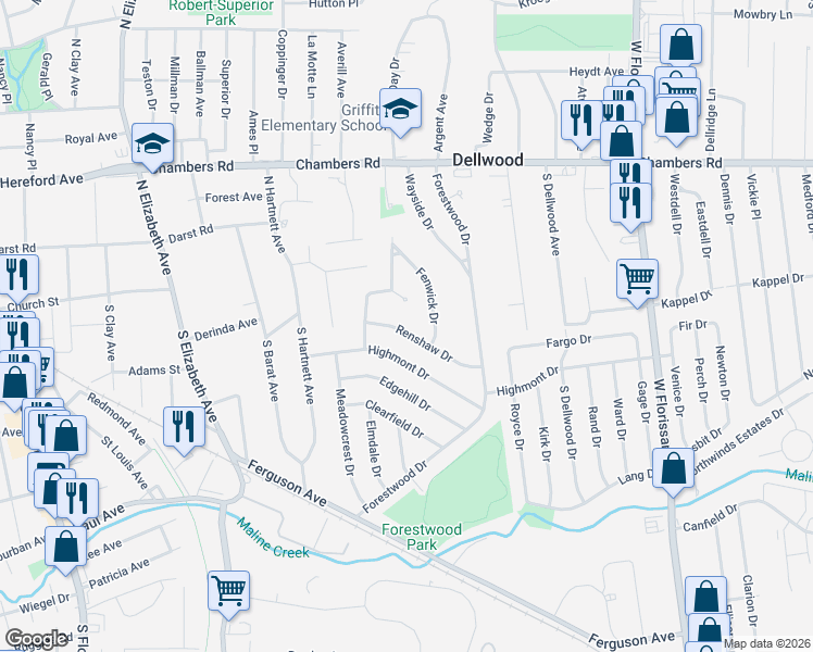 map of restaurants, bars, coffee shops, grocery stores, and more near 62 Delworth Court in Ferguson