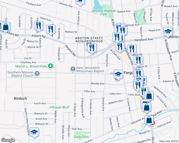 map of restaurants, bars, coffee shops, grocery stores, and more near 24 North Marguerite Avenue in Ferguson