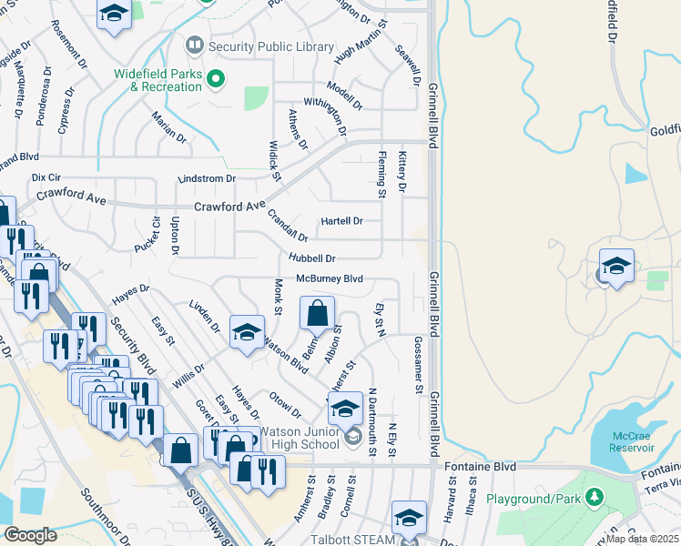 map of restaurants, bars, coffee shops, grocery stores, and more near 44 McBurney Boulevard in Colorado Springs