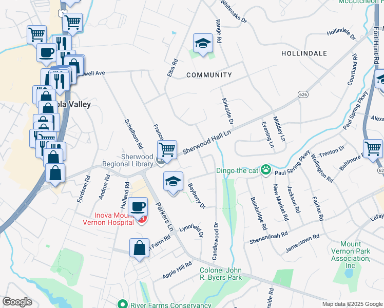 map of restaurants, bars, coffee shops, grocery stores, and more near 2403 Sherwood Hall Ln in Alexandria