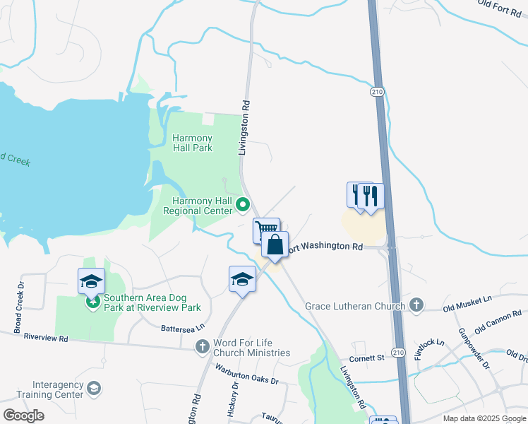 map of restaurants, bars, coffee shops, grocery stores, and more near 10700 Livingston Road in Fort Washington