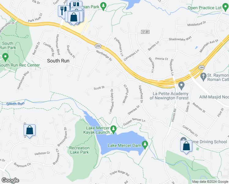 map of restaurants, bars, coffee shops, grocery stores, and more near 7803 Lakeland Valley Drive in Springfield