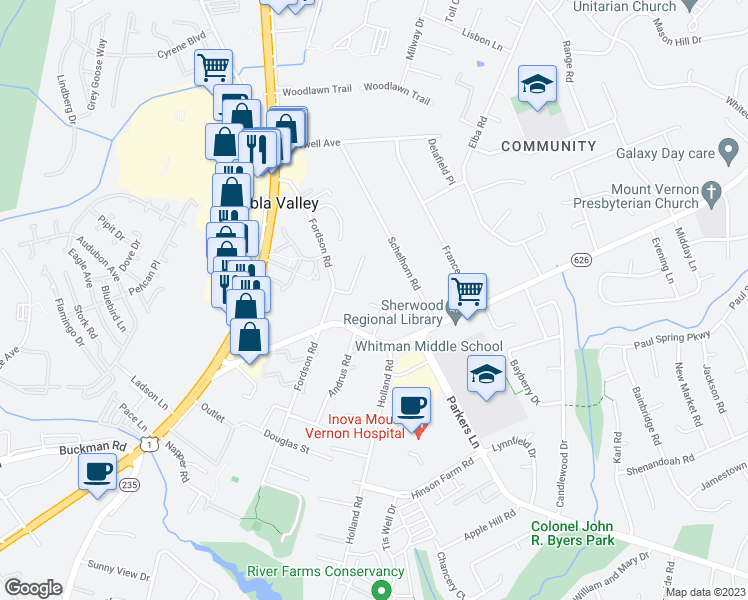 map of restaurants, bars, coffee shops, grocery stores, and more near 2728 Manorhaven Court in Alexandria