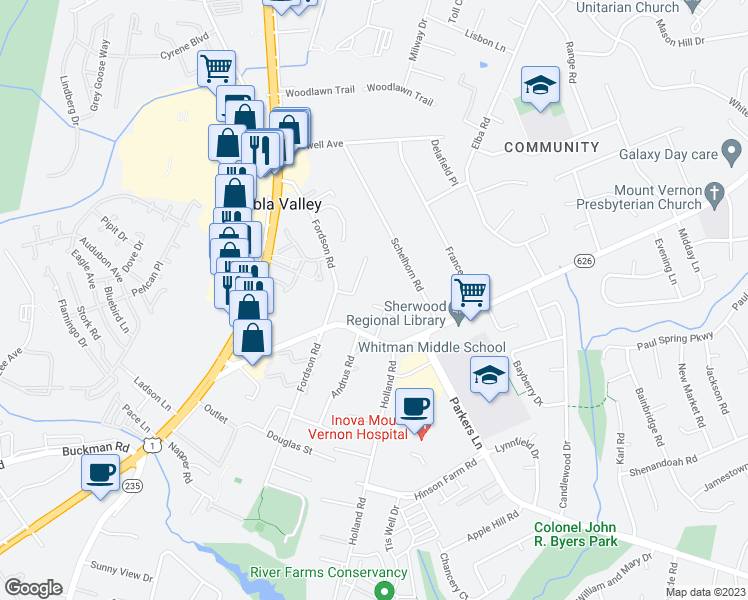 map of restaurants, bars, coffee shops, grocery stores, and more near 2732 Manorhaven Court in Alexandria