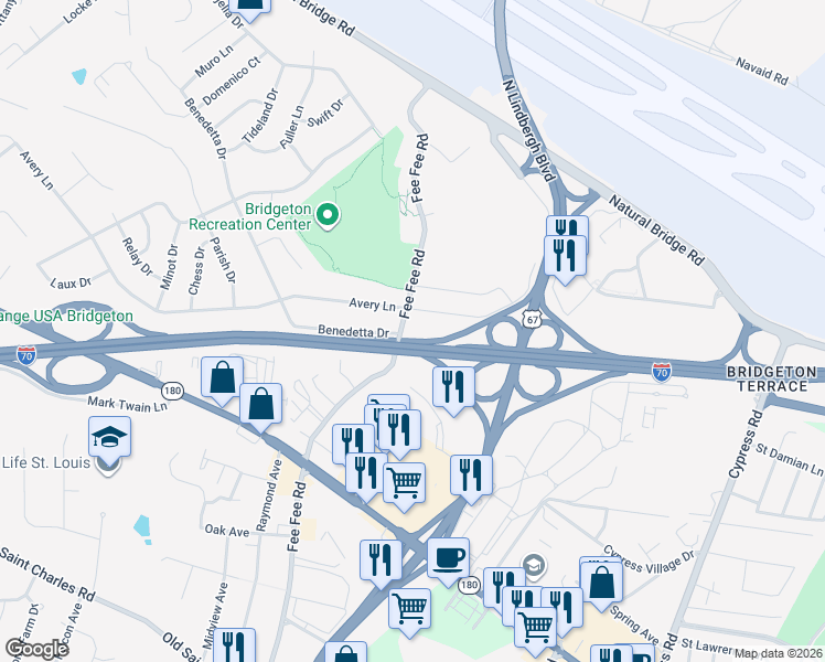 map of restaurants, bars, coffee shops, grocery stores, and more near 11496 Long Road in Bridgeton