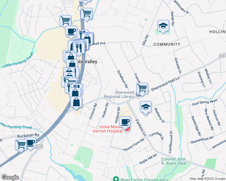 map of restaurants, bars, coffee shops, grocery stores, and more near 2732 Manorhaven Court in Alexandria