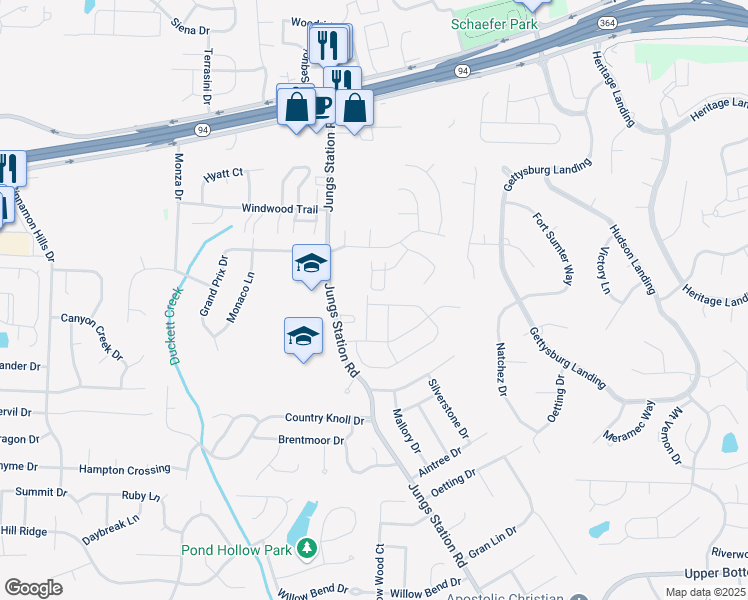 map of restaurants, bars, coffee shops, grocery stores, and more near 1600 Triangle Drive in St. Peters