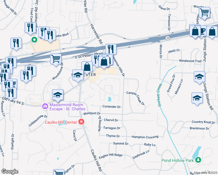 map of restaurants, bars, coffee shops, grocery stores, and more near 1707 Summergate Circle in St. Peters