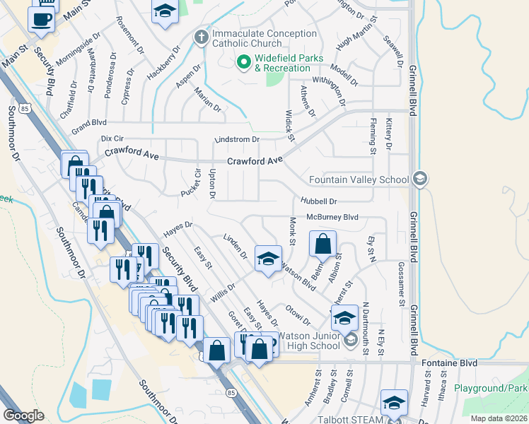 map of restaurants, bars, coffee shops, grocery stores, and more near 202 Corliss Street in Colorado Springs