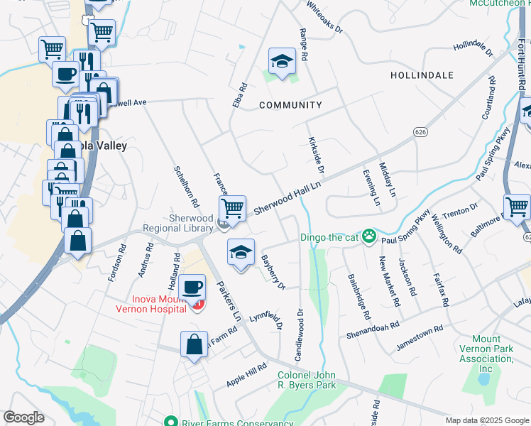 map of restaurants, bars, coffee shops, grocery stores, and more near 2403 Sherwood Hall Lane in Alexandria