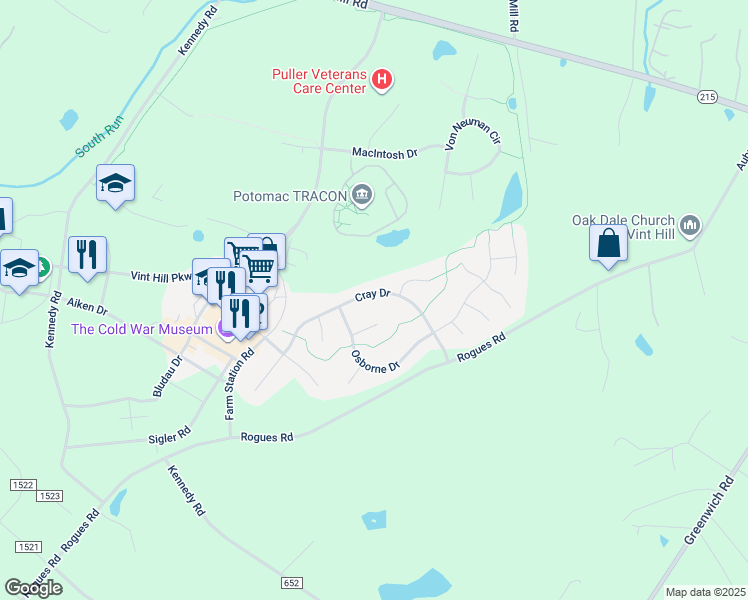 map of restaurants, bars, coffee shops, grocery stores, and more near 4077 Cray Drive in Warrenton