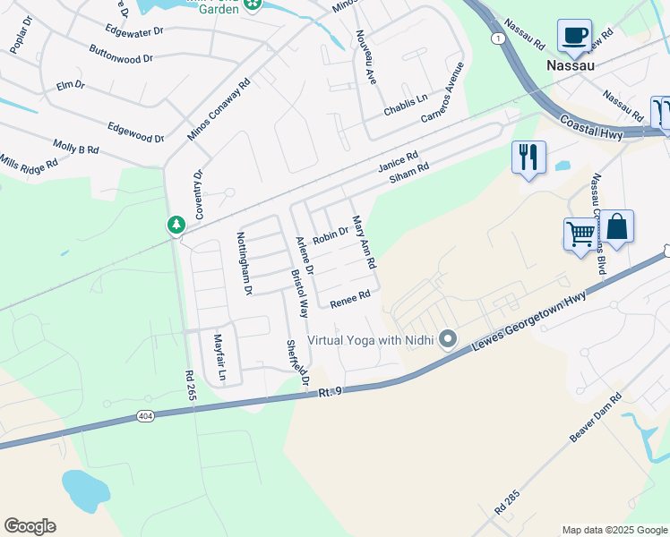 map of restaurants, bars, coffee shops, grocery stores, and more near 31621 Dogwood in Lewes