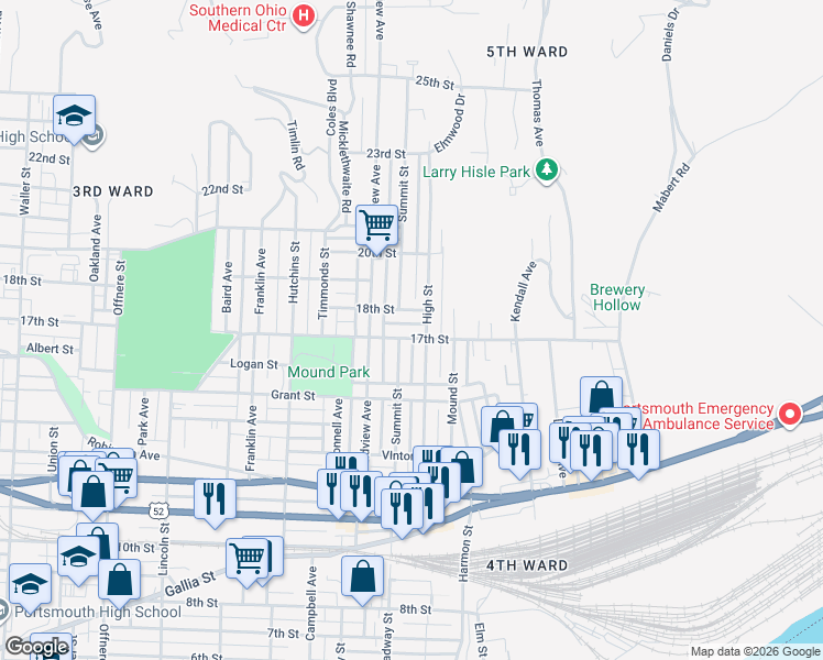 map of restaurants, bars, coffee shops, grocery stores, and more near 2028 18th Street in Portsmouth