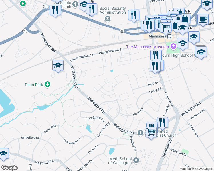 map of restaurants, bars, coffee shops, grocery stores, and more near 9349 Wax Myrtle Way in Manassas