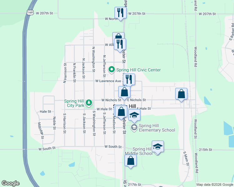 map of restaurants, bars, coffee shops, grocery stores, and more near 204 North Madison Street in Spring Hill