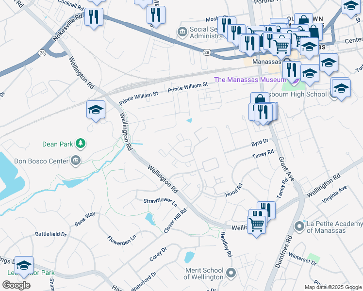 map of restaurants, bars, coffee shops, grocery stores, and more near 9349 Wax Myrtle Way in Manassas