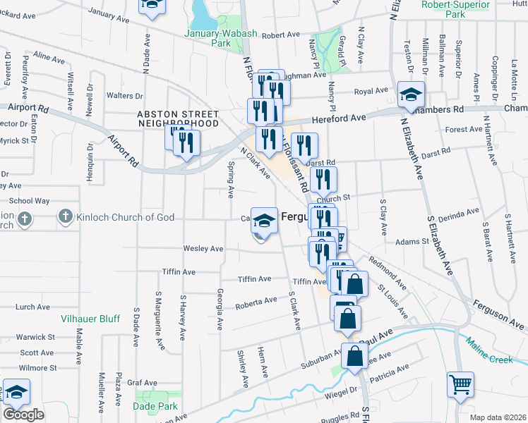map of restaurants, bars, coffee shops, grocery stores, and more near in Ferguson