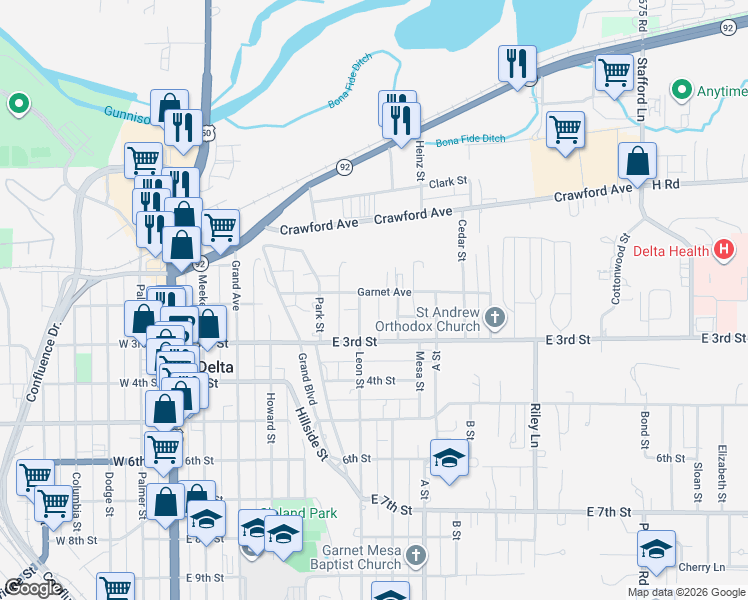 map of restaurants, bars, coffee shops, grocery stores, and more near 165 Garnet Avenue in Delta