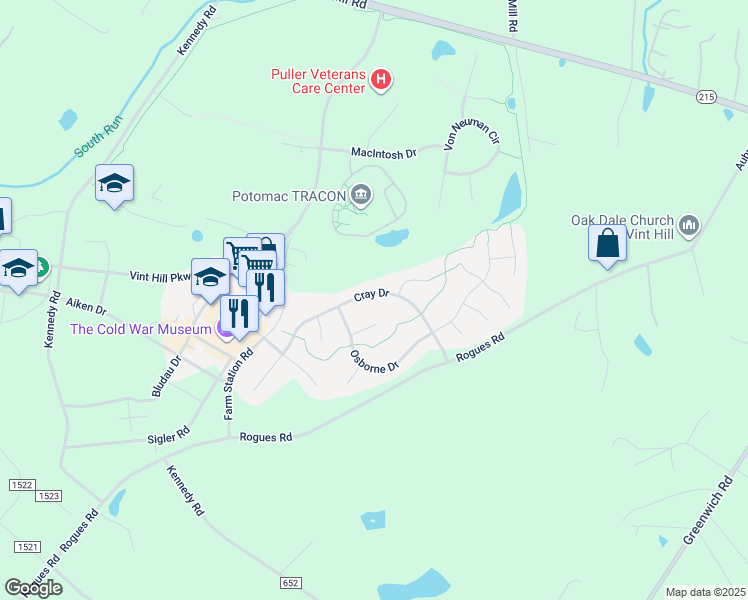 map of restaurants, bars, coffee shops, grocery stores, and more near 4077 Cray Drive in Warrenton