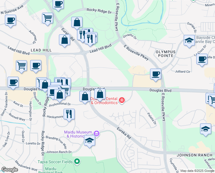 map of restaurants, bars, coffee shops, grocery stores, and more near 2237 Douglas Boulevard in Roseville