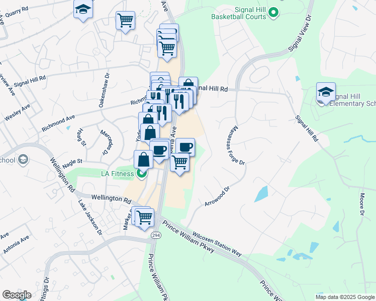 map of restaurants, bars, coffee shops, grocery stores, and more near 9735 Liberia Avenue in Manassas