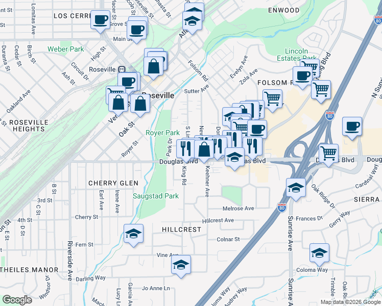 map of restaurants, bars, coffee shops, grocery stores, and more near 188 South Lincoln Street in Roseville
