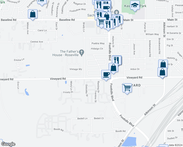map of restaurants, bars, coffee shops, grocery stores, and more near 1314 Champagne Circle in Roseville