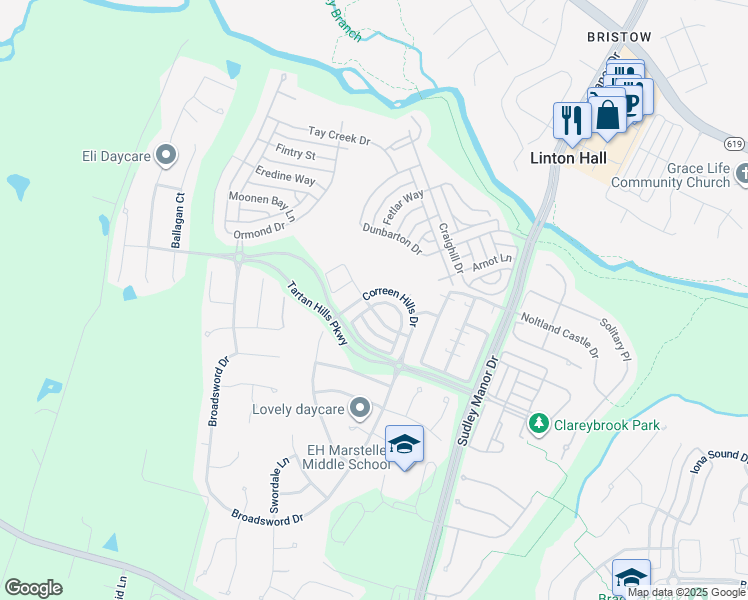 map of restaurants, bars, coffee shops, grocery stores, and more near 9834 Earls Ferry Cir in Bristow