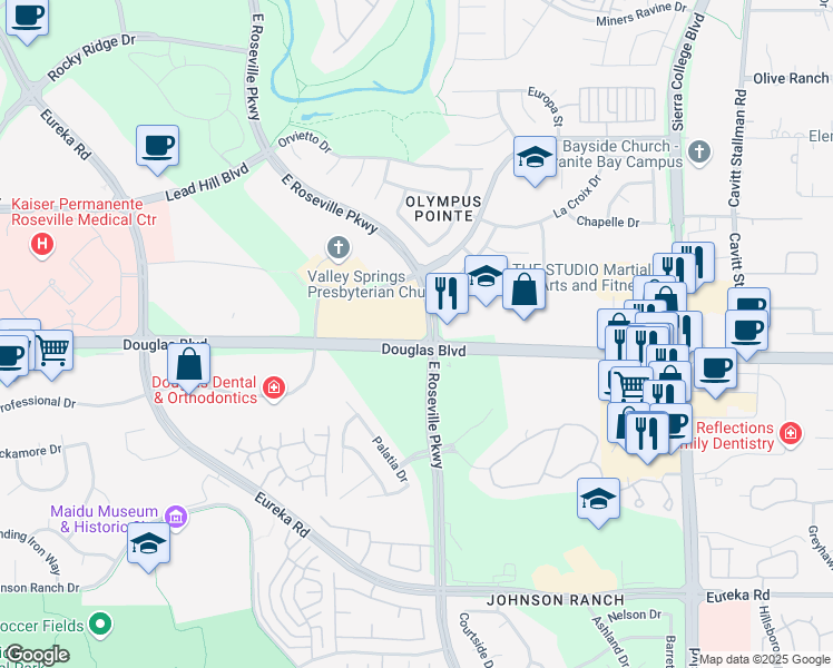 map of restaurants, bars, coffee shops, grocery stores, and more near 1600-1664 E Roseville Pkwy in Roseville