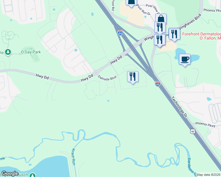 map of restaurants, bars, coffee shops, grocery stores, and more near 901 Caledonia Drive in O'Fallon