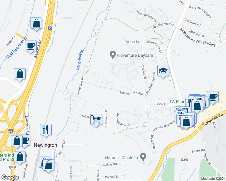 map of restaurants, bars, coffee shops, grocery stores, and more near 6879 Rolling Creek Way in Alexandria