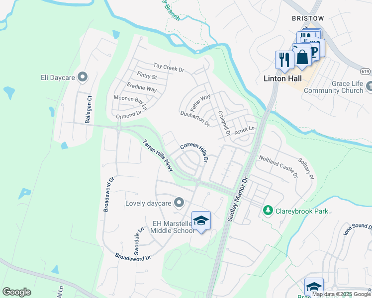 map of restaurants, bars, coffee shops, grocery stores, and more near 9834 Earls Ferry Cir in Bristow