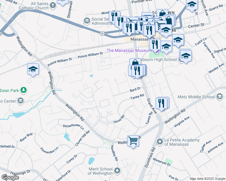 map of restaurants, bars, coffee shops, grocery stores, and more near 9767 Bragg Lane in Manassas