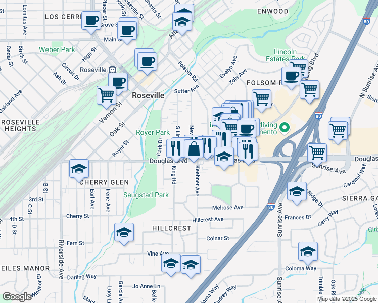 map of restaurants, bars, coffee shops, grocery stores, and more near 234 Nevada Avenue in Roseville